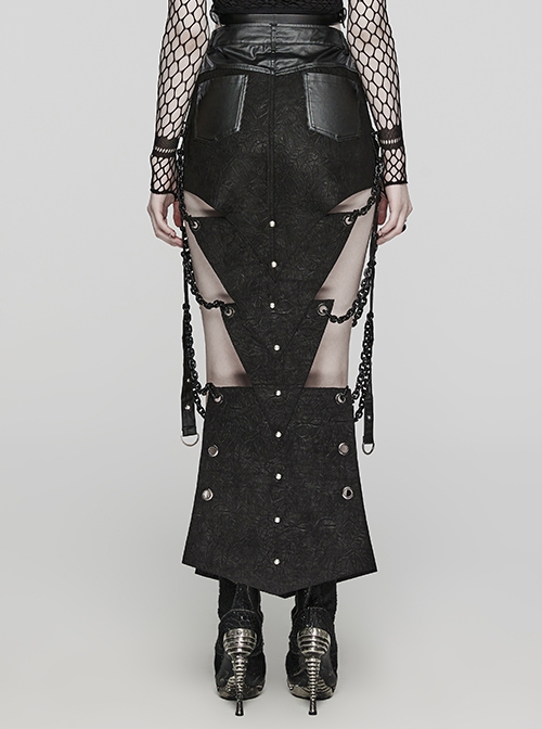 Black Exaggerated Inverted Triangle Woven Stitching With Rubberized Side Metal Chain Punk Style Skirt