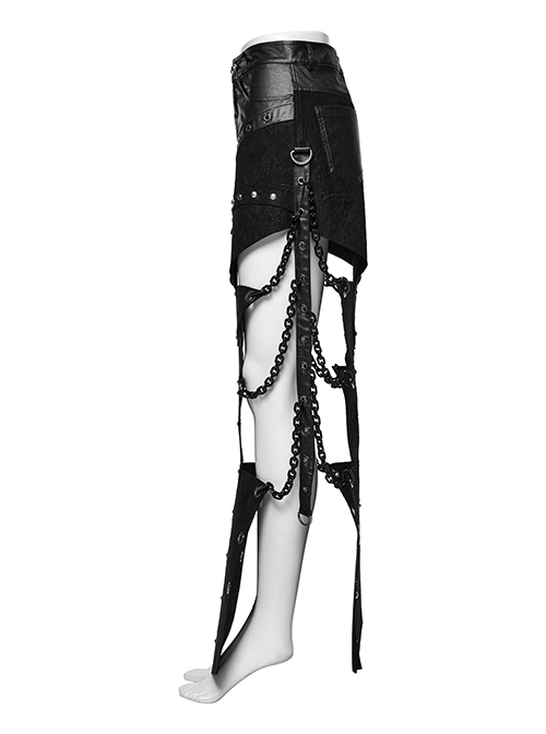 Black Exaggerated Inverted Triangle Woven Stitching With Rubberized Side Metal Chain Punk Style Skirt