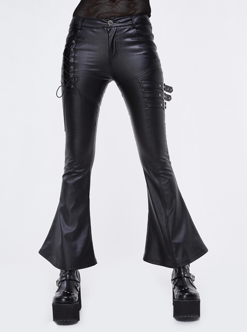 Side Lace-Up Leather Hasp Leather Black Tight Punk Flared Pants
