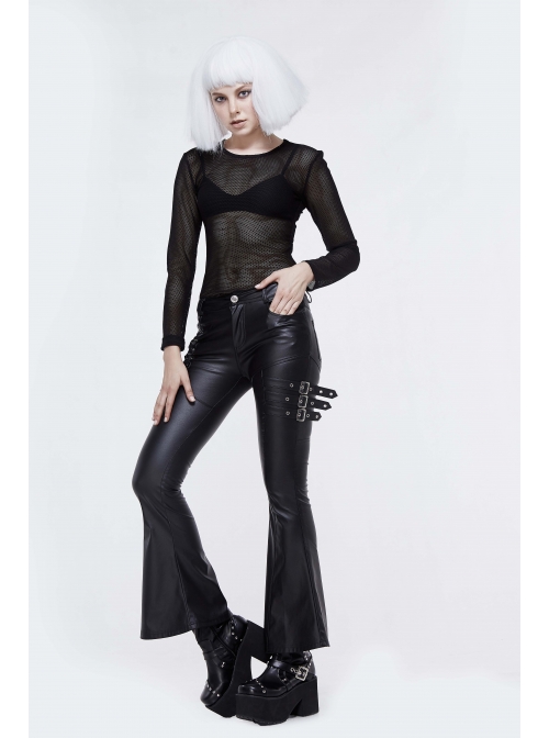 Side Lace-Up Leather Hasp Leather Black Tight Punk Flared Pants