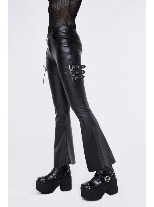 Side Lace-Up Leather Hasp Leather Black Tight Punk Flared Pants