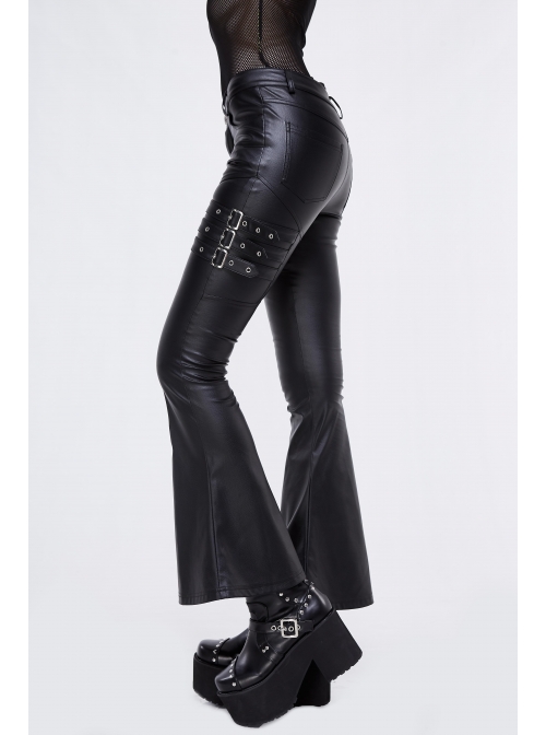 Side Lace-Up Leather Hasp Leather Black Tight Punk Flared Pants