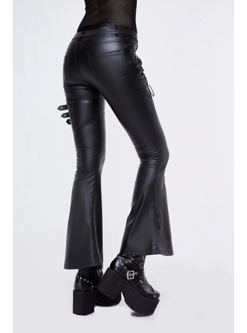 Side Lace-Up Leather Hasp Leather Black Tight Punk Flared Pants