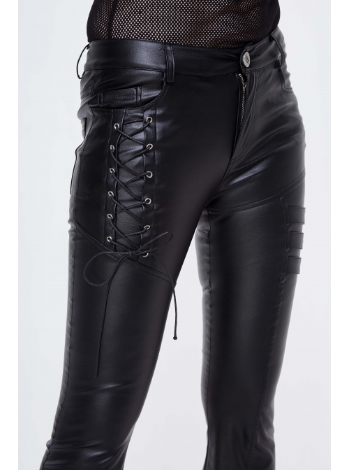 Side Lace-Up Leather Hasp Leather Black Tight Punk Flared Pants