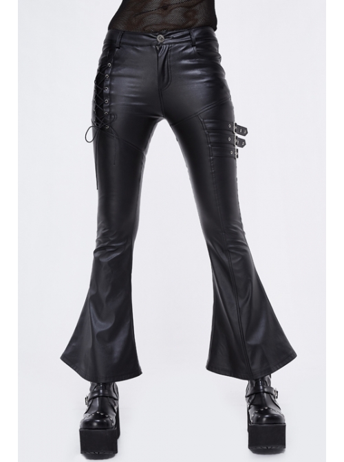 Side Lace-Up Leather Hasp Leather Black Tight Punk Flared Pants
