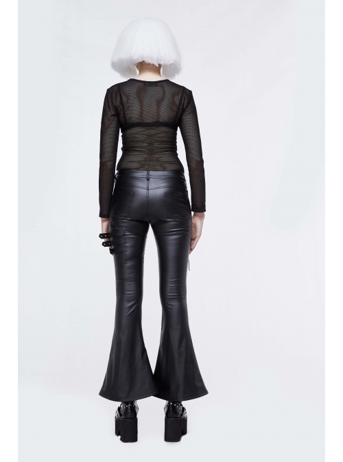 Side Lace-Up Leather Hasp Leather Black Tight Punk Flared Pants