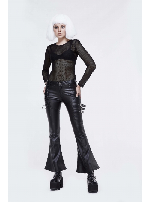 Side Lace-Up Leather Hasp Leather Black Tight Punk Flared Pants