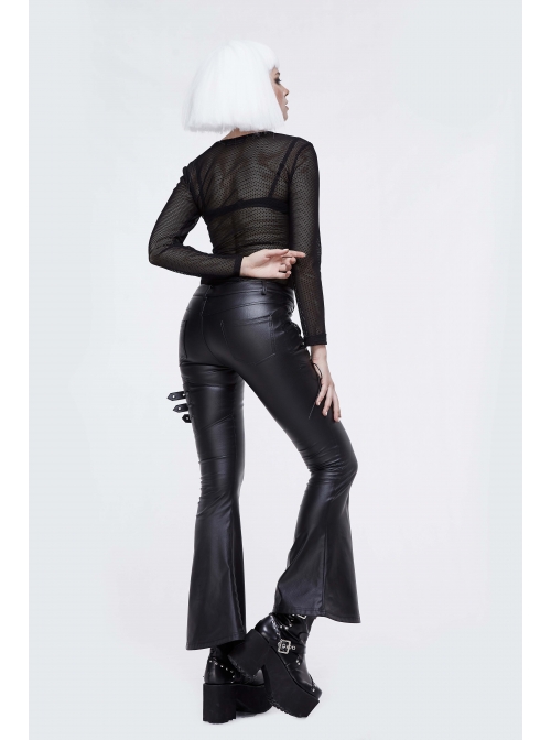 Side Lace-Up Leather Hasp Leather Black Tight Punk Flared Pants