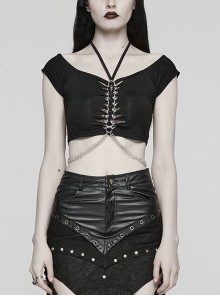Sexy Black Soft Knitted Front Metal Link Chain Punk Style Daily Halterneck Short Sleeved T-Shirt