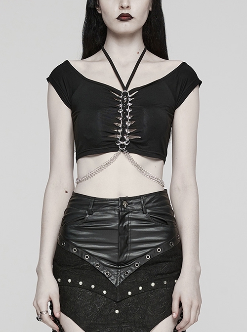Sexy Black Soft Knitted Front Metal Link Chain Punk Style Daily Halterneck Short Sleeved T-Shirt
