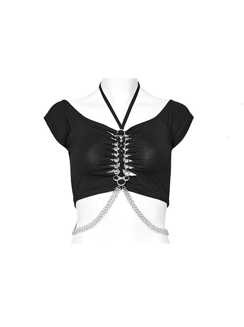 Sexy Black Soft Knitted Front Metal Link Chain Punk Style Daily Halterneck Short Sleeved T-Shirt