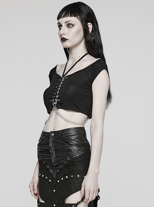 Sexy Black Soft Knitted Front Metal Link Chain Punk Style Daily Halterneck Short Sleeved T-Shirt