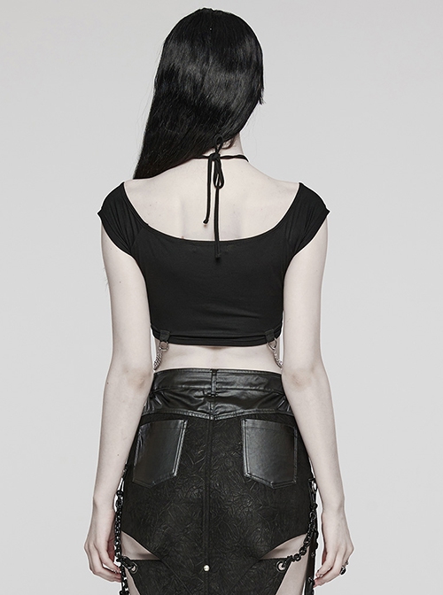 Sexy Black Soft Knitted Front Metal Link Chain Punk Style Daily Halterneck Short Sleeved T-Shirt