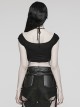 Sexy Black Soft Knitted Front Metal Link Chain Punk Style Daily Halterneck Short Sleeved T-Shirt