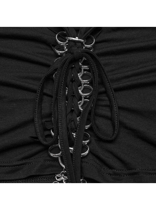 Sexy Black Soft Knitted Front Metal Link Chain Punk Style Daily Halterneck Short Sleeved T-Shirt