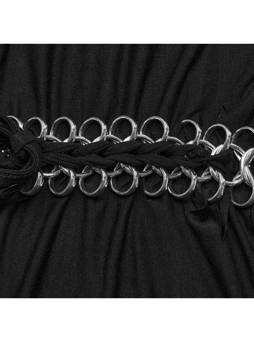 Sexy Black Soft Knitted Front Metal Link Chain Punk Style Daily Halterneck Short Sleeved T-Shirt