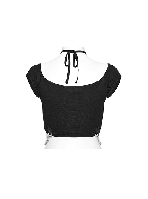 Sexy Black Soft Knitted Front Metal Link Chain Punk Style Daily Halterneck Short Sleeved T-Shirt
