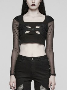 Personalized Black Stretch Knitted See Through Mesh Front And Back Hollow Skull Buckle Decoration Gothic Style Long Sleeved Top