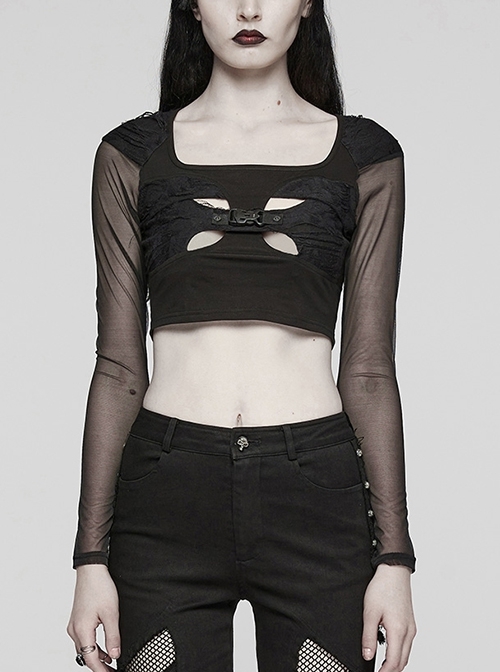 Personalized Black Stretch Knitted See Through Mesh Front And Back Hollow Skull Buckle Decoration Gothic Style Long Sleeved Top