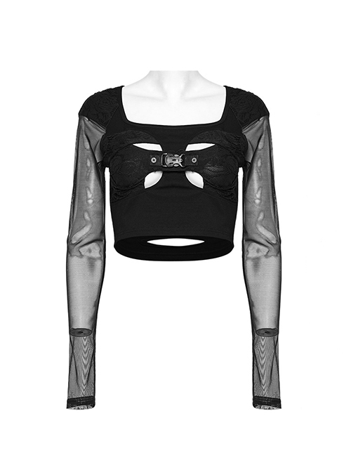 Personalized Black Stretch Knitted See Through Mesh Front And Back Hollow Skull Buckle Decoration Gothic Style Long Sleeved Top