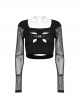 Personalized Black Stretch Knitted See Through Mesh Front And Back Hollow Skull Buckle Decoration Gothic Style Long Sleeved Top