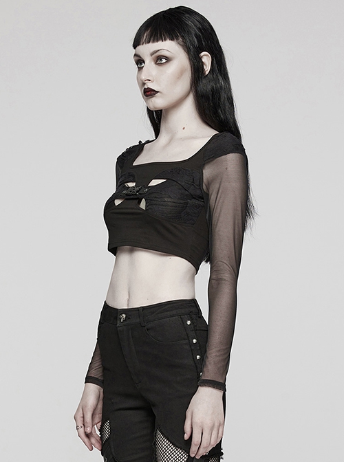 Personalized Black Stretch Knitted See Through Mesh Front And Back Hollow Skull Buckle Decoration Gothic Style Long Sleeved Top