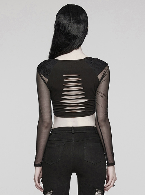 Personalized Black Stretch Knitted See Through Mesh Front And Back Hollow Skull Buckle Decoration Gothic Style Long Sleeved Top