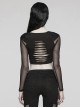 Personalized Black Stretch Knitted See Through Mesh Front And Back Hollow Skull Buckle Decoration Gothic Style Long Sleeved Top