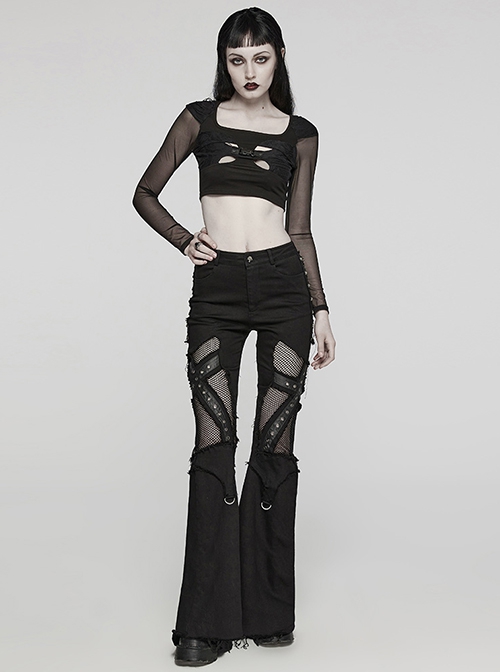 Personalized Black Stretch Knitted See Through Mesh Front And Back Hollow Skull Buckle Decoration Gothic Style Long Sleeved Top