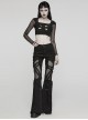 Personalized Black Stretch Knitted See Through Mesh Front And Back Hollow Skull Buckle Decoration Gothic Style Long Sleeved Top