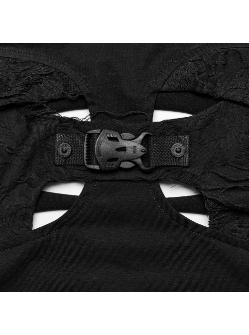 Personalized Black Stretch Knitted See Through Mesh Front And Back Hollow Skull Buckle Decoration Gothic Style Long Sleeved Top
