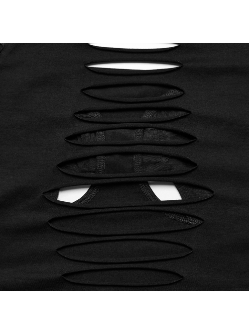Personalized Black Stretch Knitted See Through Mesh Front And Back Hollow Skull Buckle Decoration Gothic Style Long Sleeved Top