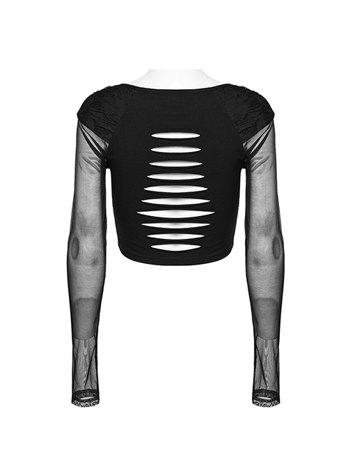 Personalized Black Stretch Knitted See Through Mesh Front And Back Hollow Skull Buckle Decoration Gothic Style Long Sleeved Top