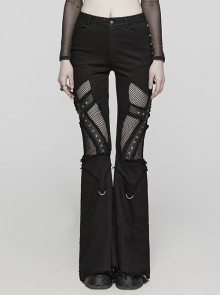 Black Stretch Denim Patchwork Mesh Side Metal Studs Punk Style Raw Edge Flared Pants
