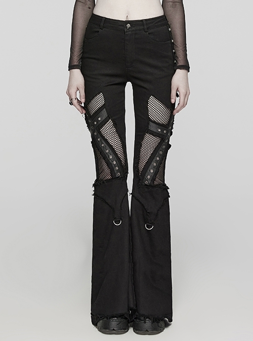 Black Stretch Denim Patchwork Mesh Side Metal Studs Punk Style Raw Edge Flared Pants