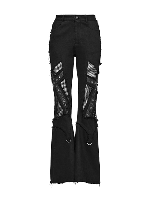 Black Stretch Denim Patchwork Mesh Side Metal Studs Punk Style Raw Edge Flared Pants