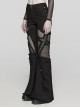Black Stretch Denim Patchwork Mesh Side Metal Studs Punk Style Raw Edge Flared Pants