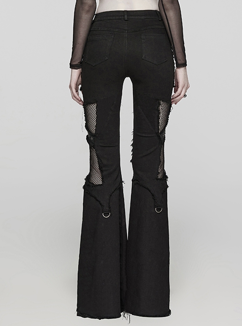 Black Stretch Denim Patchwork Mesh Side Metal Studs Punk Style Raw Edge Flared Pants