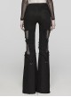 Black Stretch Denim Patchwork Mesh Side Metal Studs Punk Style Raw Edge Flared Pants