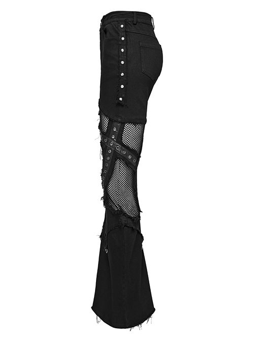 Black Stretch Denim Patchwork Mesh Side Metal Studs Punk Style Raw Edge Flared Pants