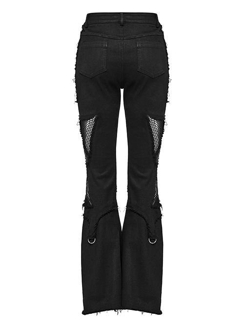 Black Stretch Denim Patchwork Mesh Side Metal Studs Punk Style Raw Edge Flared Pants