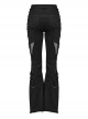Black Stretch Denim Patchwork Mesh Side Metal Studs Punk Style Raw Edge Flared Pants