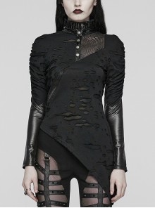 Irregular Ripped Knitted Spiked Hem With PU Leather Stand Collar Punk Style Slim Long Sleeved T-Shirt
