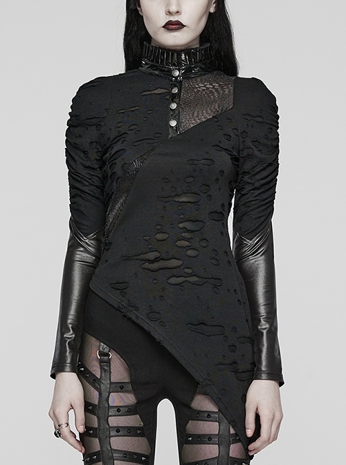 Irregular Ripped Knitted Spiked Hem With PU Leather Stand Collar Punk Style Slim Long Sleeved T-Shirt