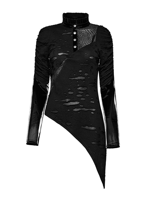 Irregular Ripped Knitted Spiked Hem With PU Leather Stand Collar Punk Style Slim Long Sleeved T-Shirt