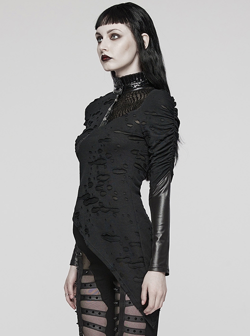 Irregular Ripped Knitted Spiked Hem With PU Leather Stand Collar Punk Style Slim Long Sleeved T-Shirt