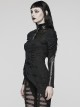 Irregular Ripped Knitted Spiked Hem With PU Leather Stand Collar Punk Style Slim Long Sleeved T-Shirt