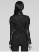 Irregular Ripped Knitted Spiked Hem With PU Leather Stand Collar Punk Style Slim Long Sleeved T-Shirt