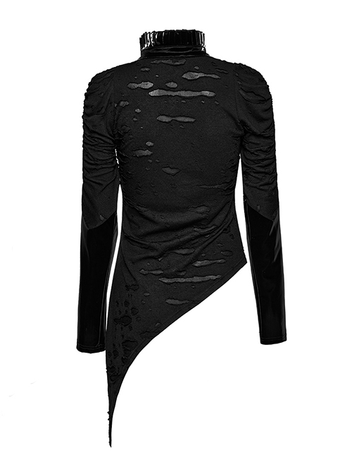 Irregular Ripped Knitted Spiked Hem With PU Leather Stand Collar Punk Style Slim Long Sleeved T-Shirt