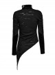 Irregular Ripped Knitted Spiked Hem With PU Leather Stand Collar Punk Style Slim Long Sleeved T-Shirt